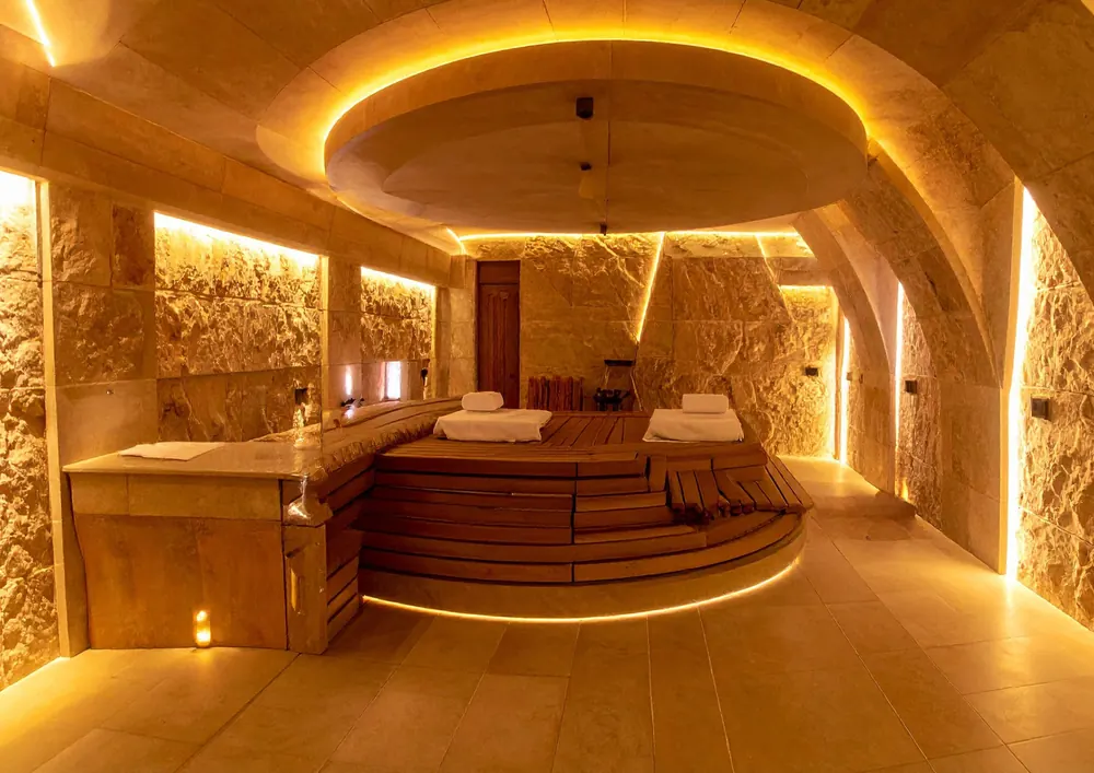 Warmly lit spa suite with sauna, treatment beds and stone walls